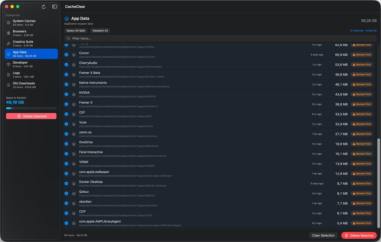 CacheClear scanning a Mac — 49 GB of reclaimable space found